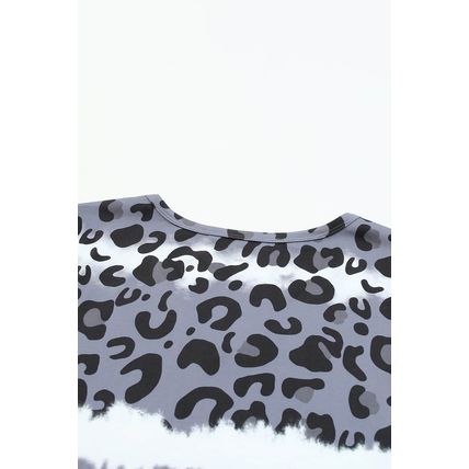 Gray Tie Dye Leopard Patchwork Short Sleeve Top