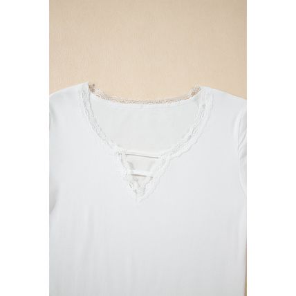 White Lace V Neckline Ribbed Slim Fit T Shirt