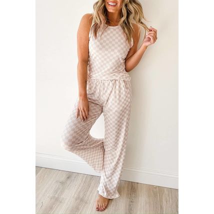 White Ribbed Texture Checkered Print 2pcs Tank and Pants Set