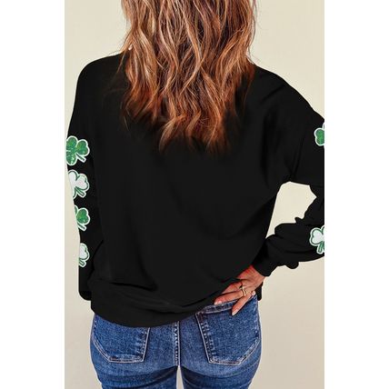 Black Sequin Clover Patched Drop Shoulder Sweatshirt