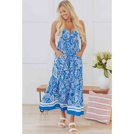 Blue Paisley V Neck Crisscross Backless Maxi Dress