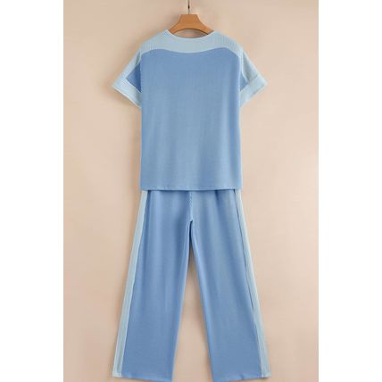 Sky Blue 2-tone Colorblock Patchwork Corded 2pcs Outfit