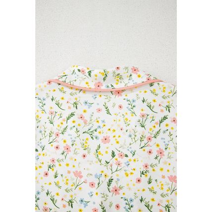 White Floral Print Contrast Pipping Short Pajamas Set