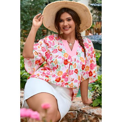 White Floral Split V Neck Wide Short Sleeve Plus Size Blouse Top