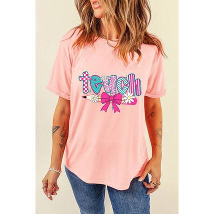 Pink Preppy Retro Checkered Coquette Teach Graphic T-Shirt