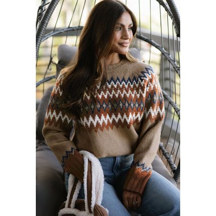 Khaki Aztec Print Colorblock Crew Neck Sweater