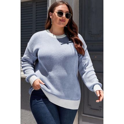 Blue Stripe Plus Size Contrast Trim Crew Neck Rib Knit Drop Shoulder Sweater