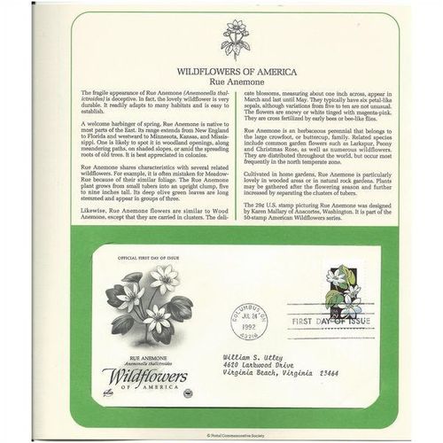 WILDFLOWERS OF AMERICA : RUE ANEMONE ' OFFICIAL FIRST DAY of ISSUE ' (1992)