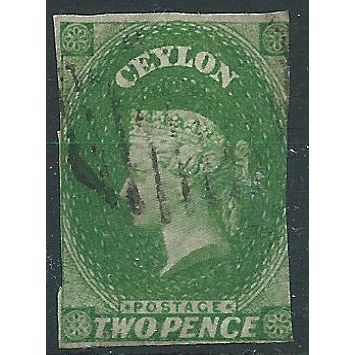 Ceylon 1857 SG3a 2d Yellowish-Green Fine Used . . ..