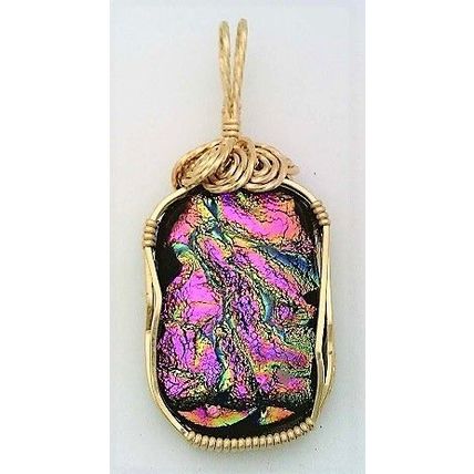 Pink Green Dichroic Glass Gold filled Wire Wrap Pendant 7
