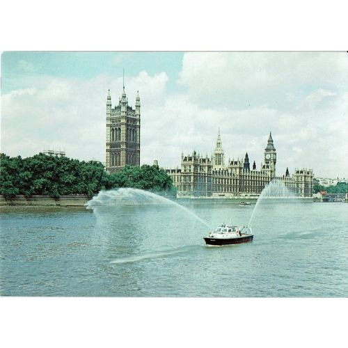 Shipping Postcard London Fire Brigade Fireboat Fire Hawk Ship Thames Parliament