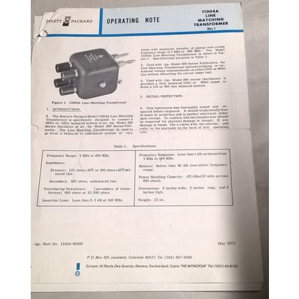 Hewlett Packard 11004A Line Matching Transformer Rev 1 Operating Note