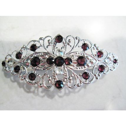 Silver filigree hair clip barrette with purple crystals bridal hair clip