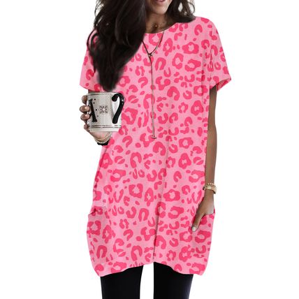 Pink Leopard Print Short Sleeve Tunic Top