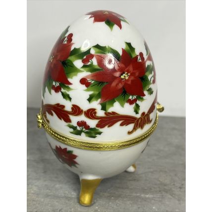 Porcelain Painted Floral Egg Footed Trinket Box Collectible Vintage Display