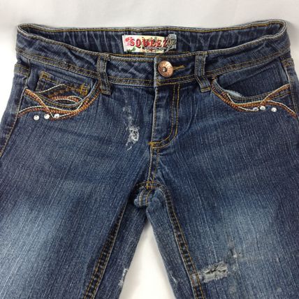 Squeeze Girls Size 7 Adjustable Waist Distressed Blue Jeans Straight Leg