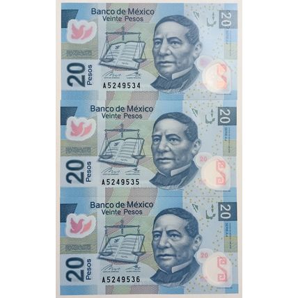 Mexico UNCIRCULATED $20 Pesos polymer 2018 Benito Juárez. Lot of 3 consecutive