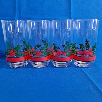 Lot 4 LIBBEY HOLLY & BERRIES 16oz Glass Flat TUMBLERS Christmas Cooler Water