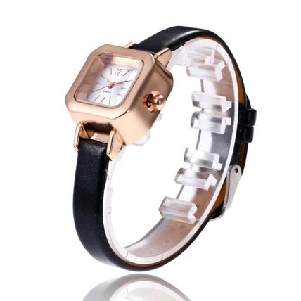 Ladies Girls Small Petite Silver Square Face Gold Bezel Black Narrow Strap Watch