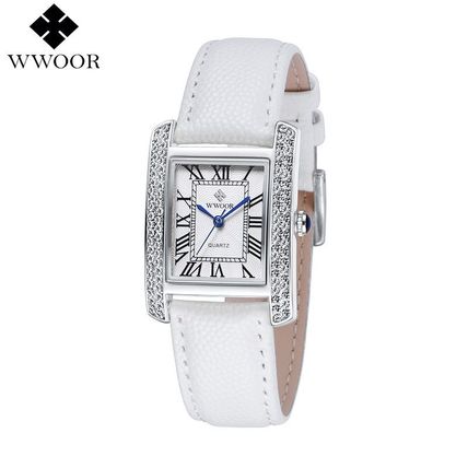 Ladies White Square Face Silver Case White Genuine Leather Strap Watch