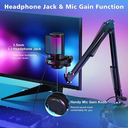 NJSJ USB Gaming Microphone for PC, Condenser Mic with Boom Arm for PS4/ PS5/ Mac