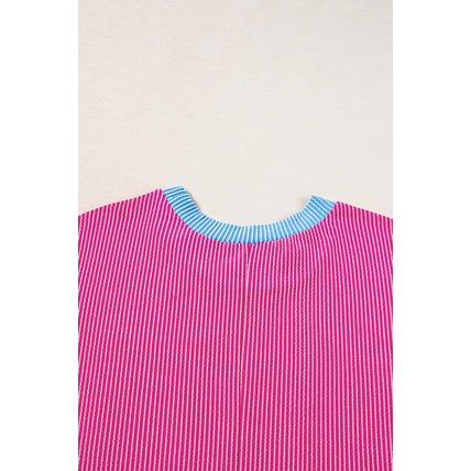 Rose Red Textured Colorblock Edge Patched Pocket T Shirt Dress