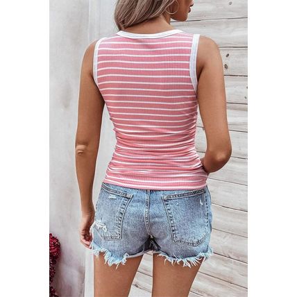 Pink Stripe Contrast Round Neck Sleeveless Slim Top