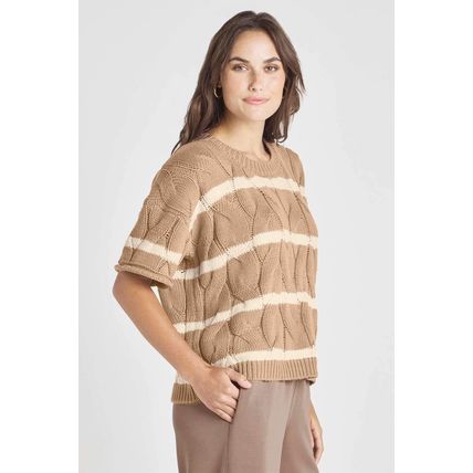 Dark Khaki Striped Cable Short Sleeve Sweater