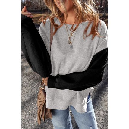 Gray Two Tone Patchwork Drop Shoulder Pullover Sweatshirt