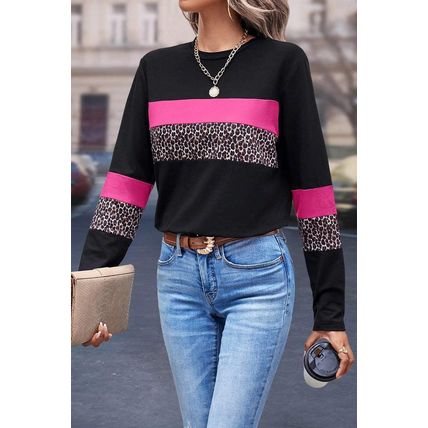 Rose Leopard Colorblock Patchwork Crew Neck Long Sleeve Tee