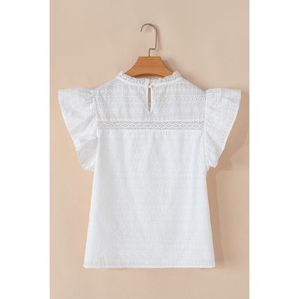 White Lace Neckline Flutter Sleeve Eyelets Blouse
