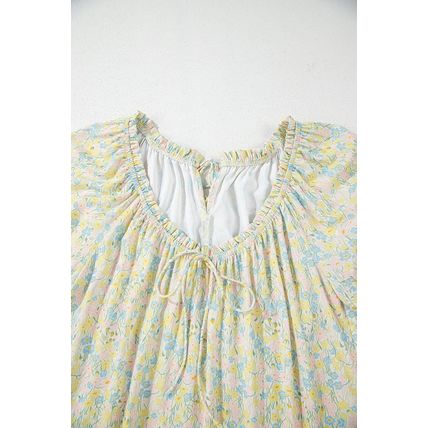 Green Floral Half Sleeve Frilled U Neck A-line Short Dress