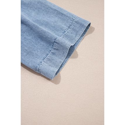 Myosotis Pintuck Pleats Puff Sleeve Split V Neck Summer Denim Top