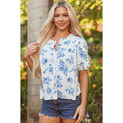 Sky Blue Floral Tiered Puff Short Sleeve Pleated Bust Buttoned Casual Shirt
