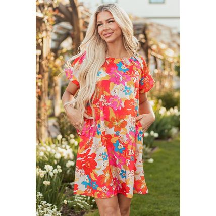Pink Floral Print Bubble Short Sleeve Dress