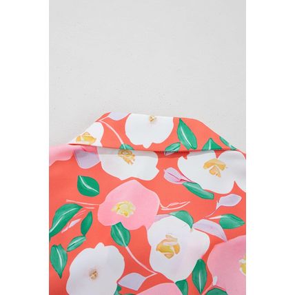 Fresh Salmon Floral Print Contrast Striped Trim Polo Collar T Shirt Dress