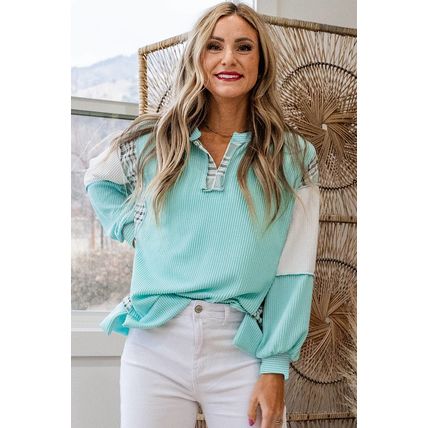 Aruba Blue Corded Texture Plaid Colorblock Patchwork Split Neck Long Sleeve Top
