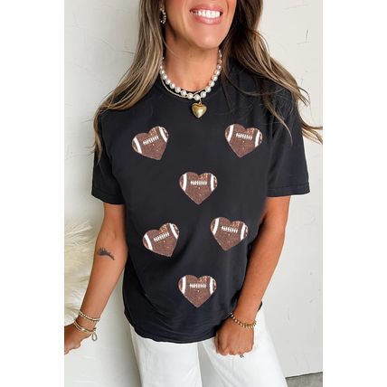 Black Rugby Football Sequin Heart Patched Graphic Tee