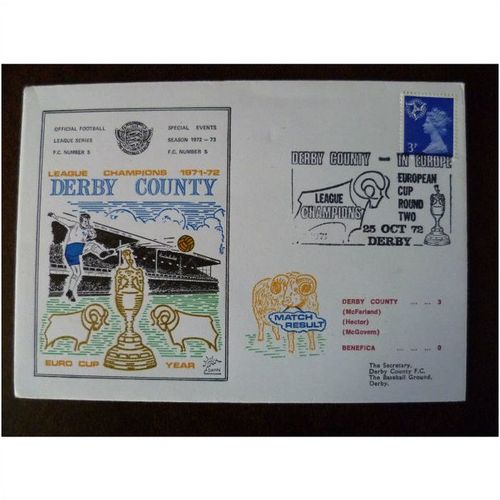 1972 Derby County v Benefica Dawn Football Cover No 5 League Champions stamp
