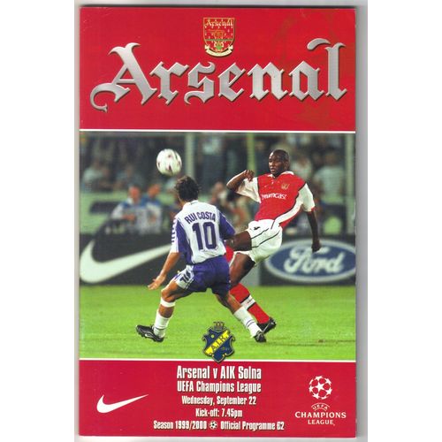 Arsenal v AIK Solna 1999/2000 Football Programme UEFA Champions League