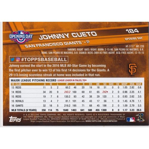 2017 Topps Opening Day 184 Johnny Cueto San Francisco Giants