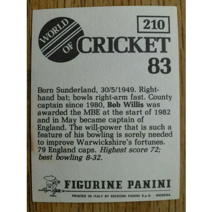 Bob Willis - Panini World Of Cricket 83 Sticker - No. 210