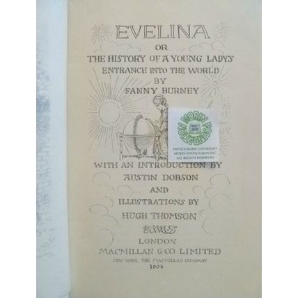 1904 EVELINA HISTORY OF A YOUNG LADYS ENTRANCE INTO THE WORLD by FANNY BURNEY