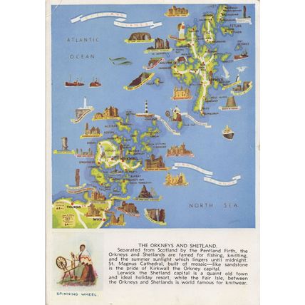 Orkneys Shetland Isles 1960s Map Sewing Wheel Scottish Postcard