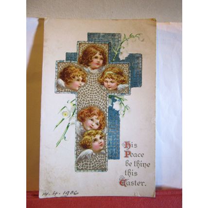 EASTER GREETINGS .used antique postcard 1906 pm 5 cherubs /
