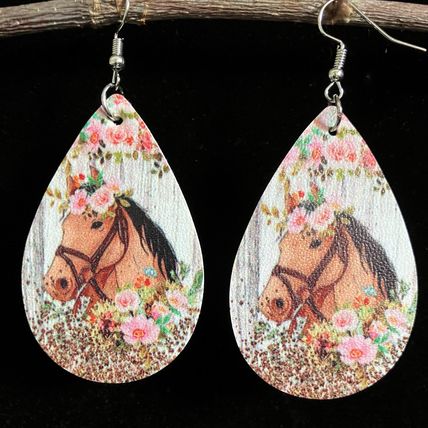 Earrings Flower Horse Head PU Leather #702