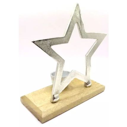 Silver Star Metal Tealight Holder on a Wooden Base 22 CM Gift Home Decor Votive