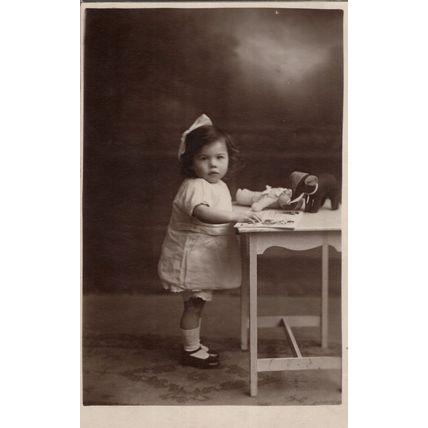 Child Learning To Read High Table Toy Doll Animal Old Postcard