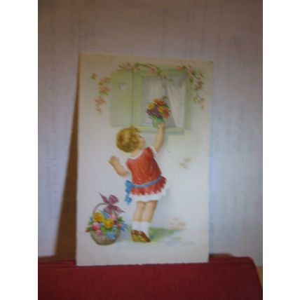 GIRL WITH FLOWERS .German unused antique postcard