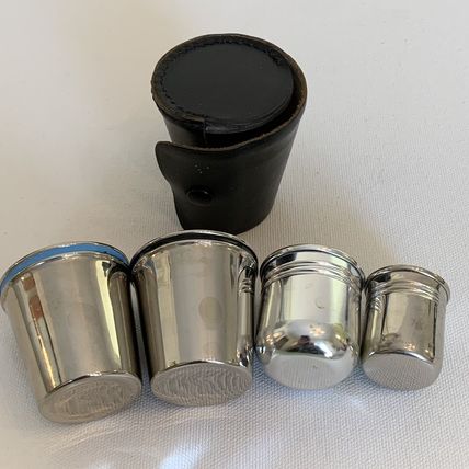 4 VINTAGE Metal German Nesting Shot Glasses Cups Set Black Leather Travel Case